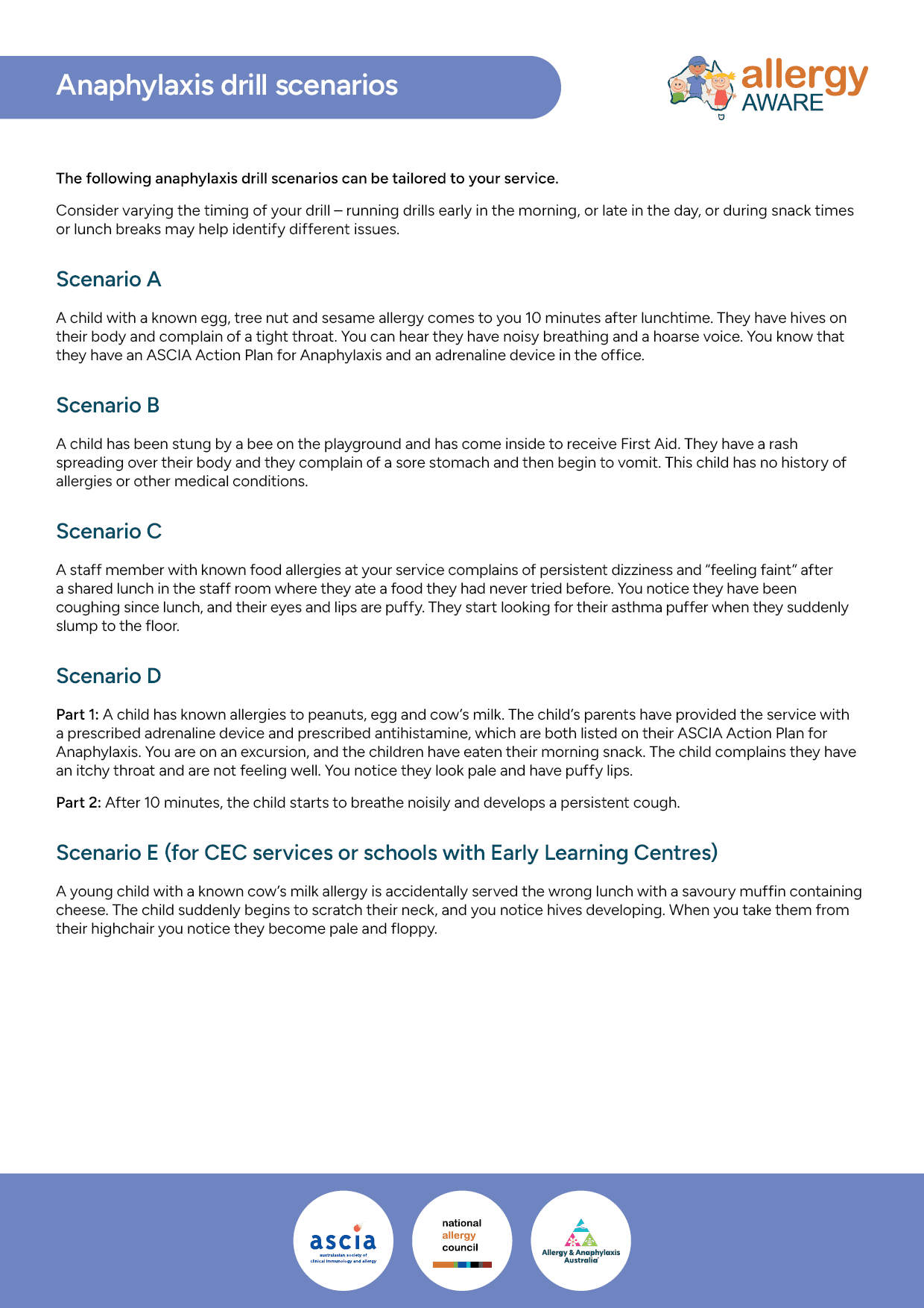 CEC Anaphyaxis Drill Scenarios