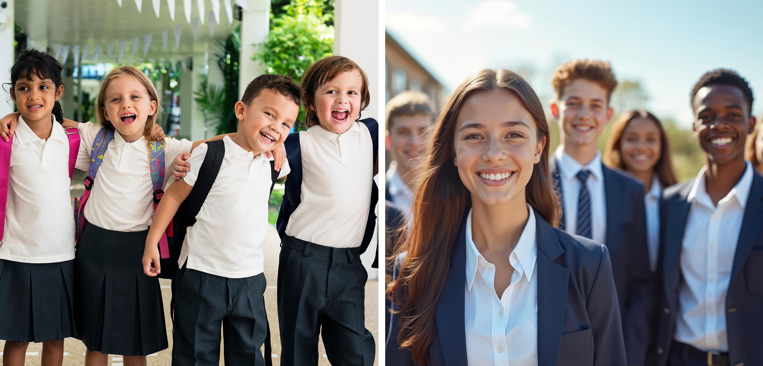 Two images: Left shows young children in school uniforms smiling; right shows older students in uniforms smiling outdoors.