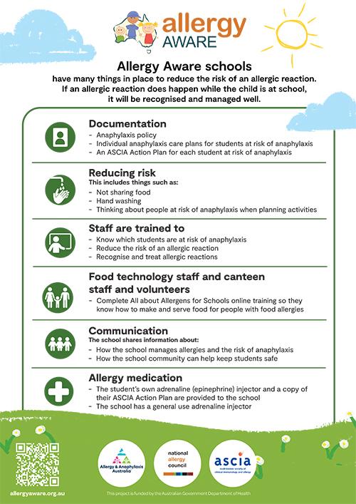 Infographic titled "Allergy Aware" detailing strategies for reducing allergy risks in schools, including communication and staff training.
