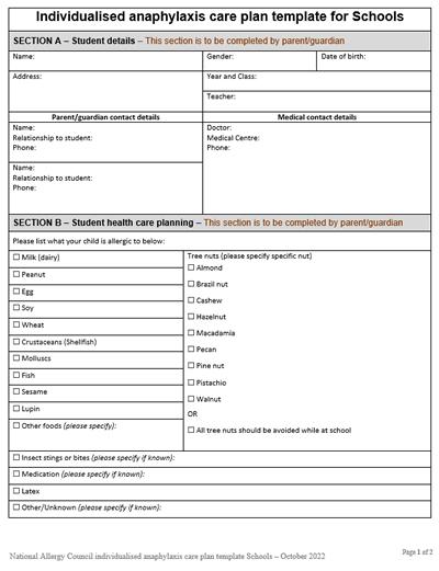 Anaphylaxis care plan form for schools, detailing student information, allergies, and medical contacts. Sections for parent/guardian completion.