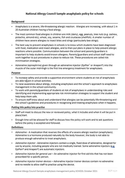 Document titled "National Allergy Council Sample Anaphylaxis Policy for Schools," detailing anaphylaxis management, purpose, and definitions.