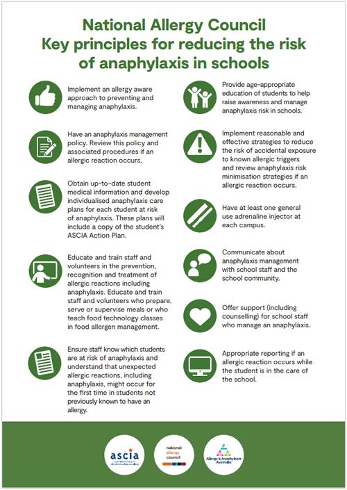 Infographic on reducing anaphylaxis risk in schools, outlining principles like allergy awareness, management plans, staff training, and emergency response.