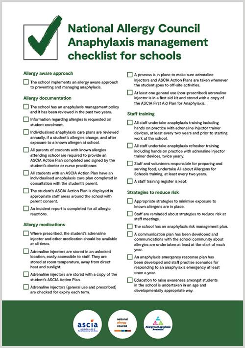 Checklist for schools by the National Allergy Council on anaphylaxis management, covering allergy awareness, documentation, and staff training.