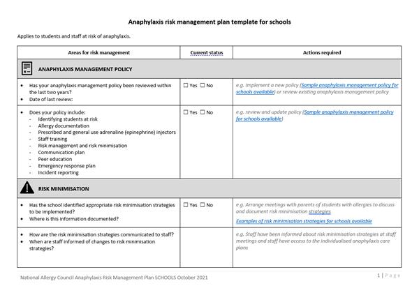 An anaphylaxis risk management plan template for schools, detailing policies, risk minimization, and actions required, with checkboxes and notes.