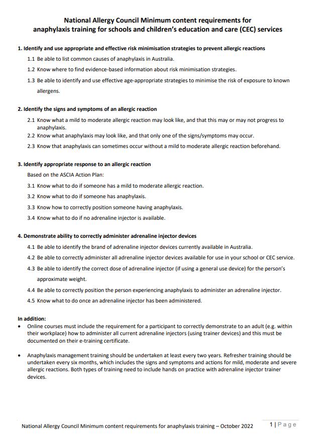 Document titled "National Allergy Council Minimum Content Requirements" detailing anaphylaxis training guidelines for schools and care services.