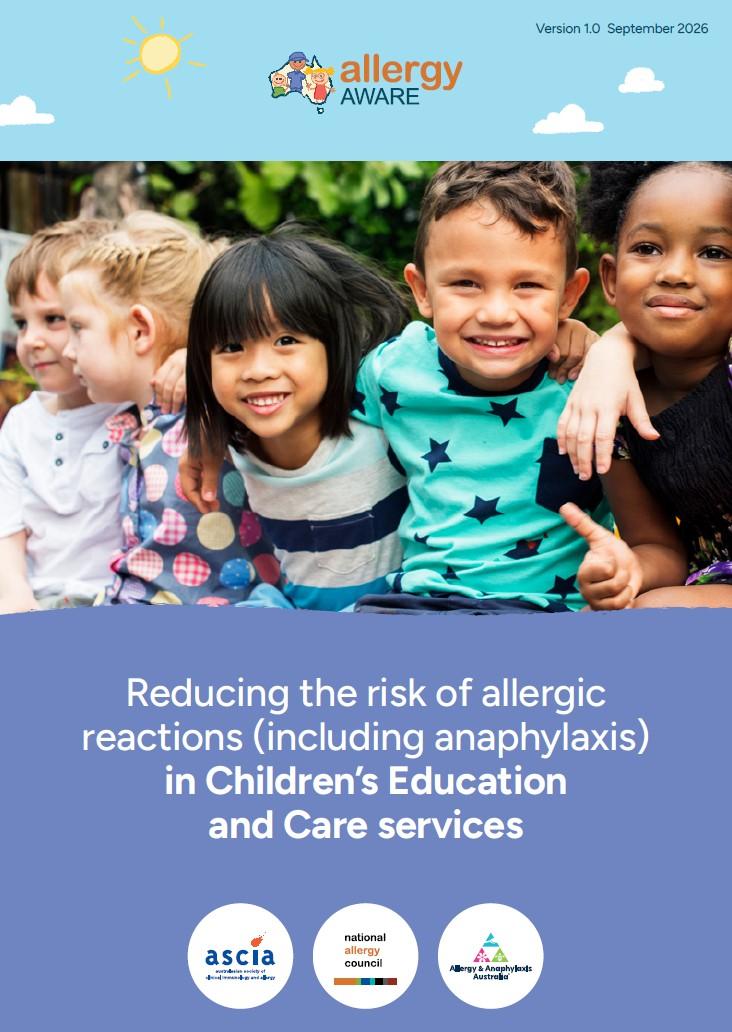 Five diverse children sitting together, smiling. Text below discusses reducing allergic reactions in children's educational services.