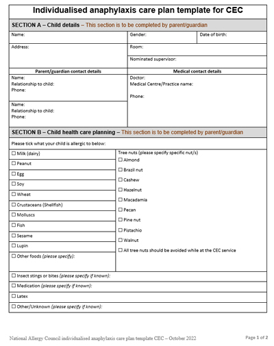 NAC individualised anaphylaxis care plan template CEC