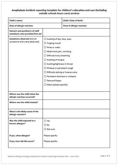 NAS Anaphylaxis incident reporting template cec