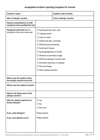 NAC anaphylaxis incident reporting template schools